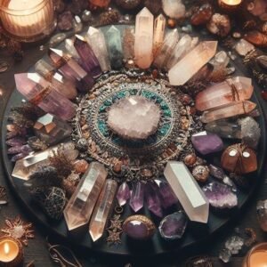Círculo místico com cristais energéticos, mandala espiritual e aura de magia pessoal. Representa o poder dos elementos, chakras e rituais esotéricos para transformação interior.