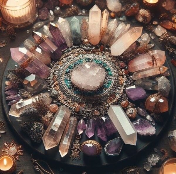 Círculo místico com cristais energéticos, mandala espiritual e aura de magia pessoal. Representa o poder dos elementos, chakras e rituais esotéricos para transformação interior.