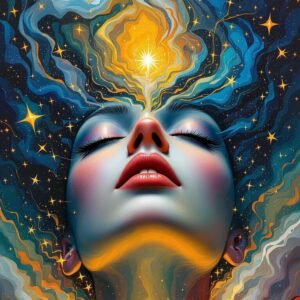 Retrato simbólico de introspecção e autoconhecimento, com elementos astrológicos e tons sombrios. Representa a exploração do inconsciente, casa 12, padrões ocultos e aspectos profundos da psique.